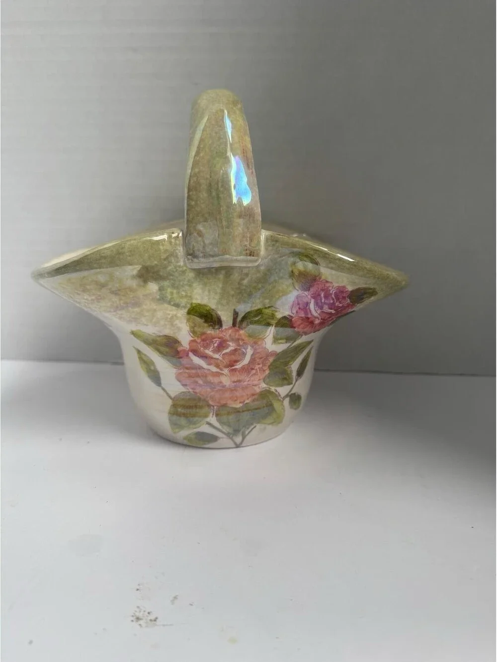Vintage Ceramic Floral Basket Vase — Pink Roses & Iridescent Luster Glaze